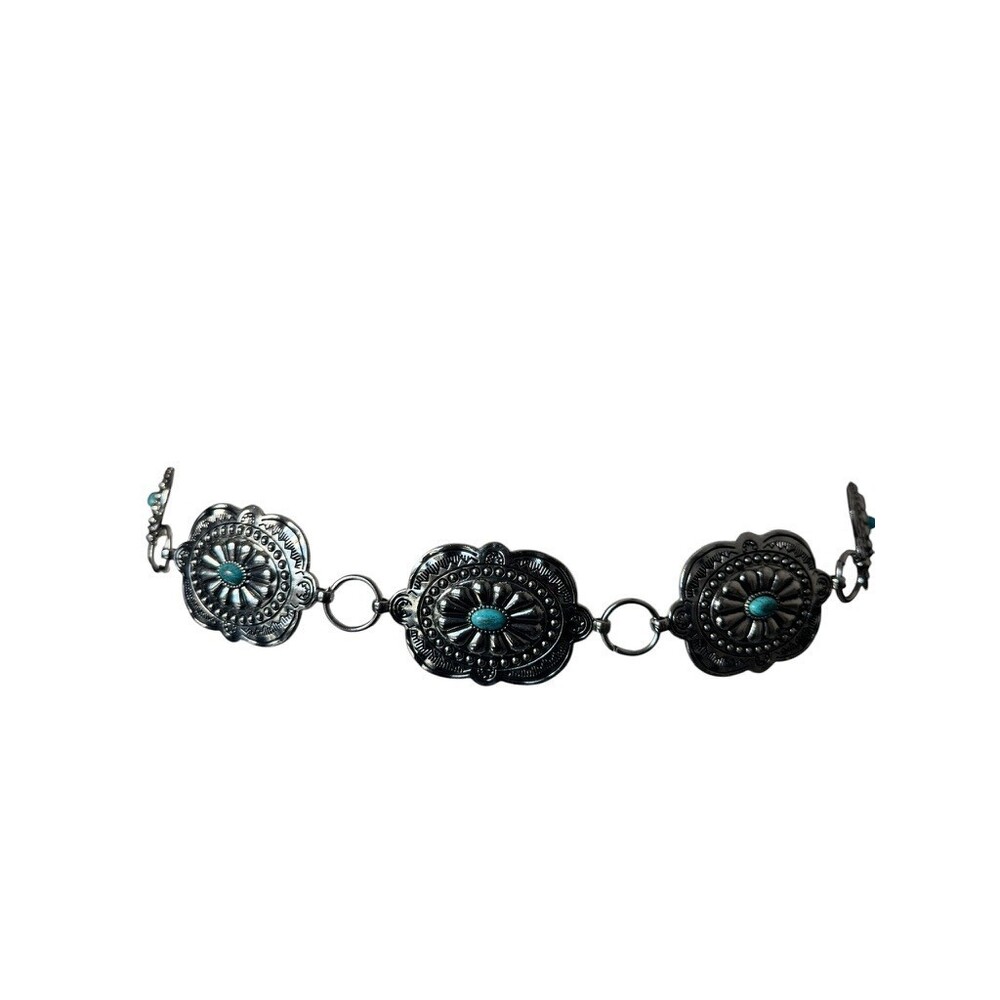 Vintage Cowgirl Silver Oval Concho Turquoise Waist Belt Retro Country Western - Picture 4 of 11